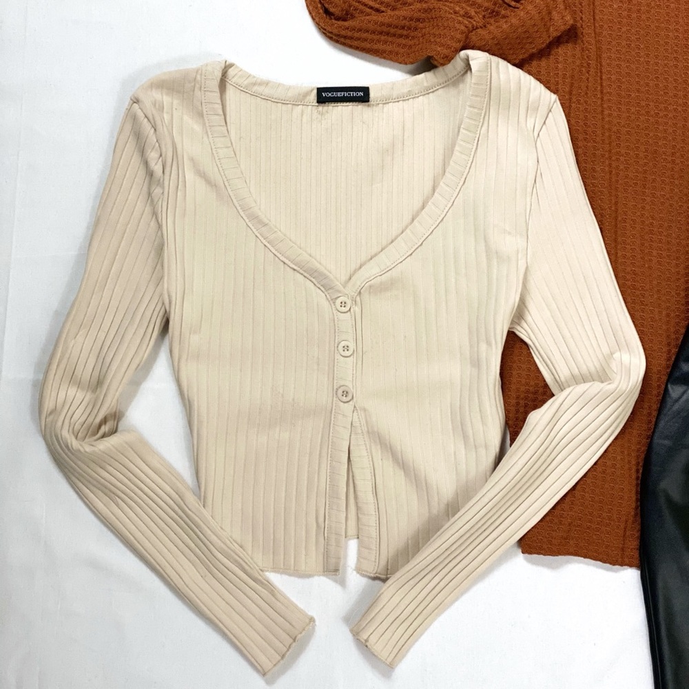 Beige Button Front Rib-knit Longsleeve Top